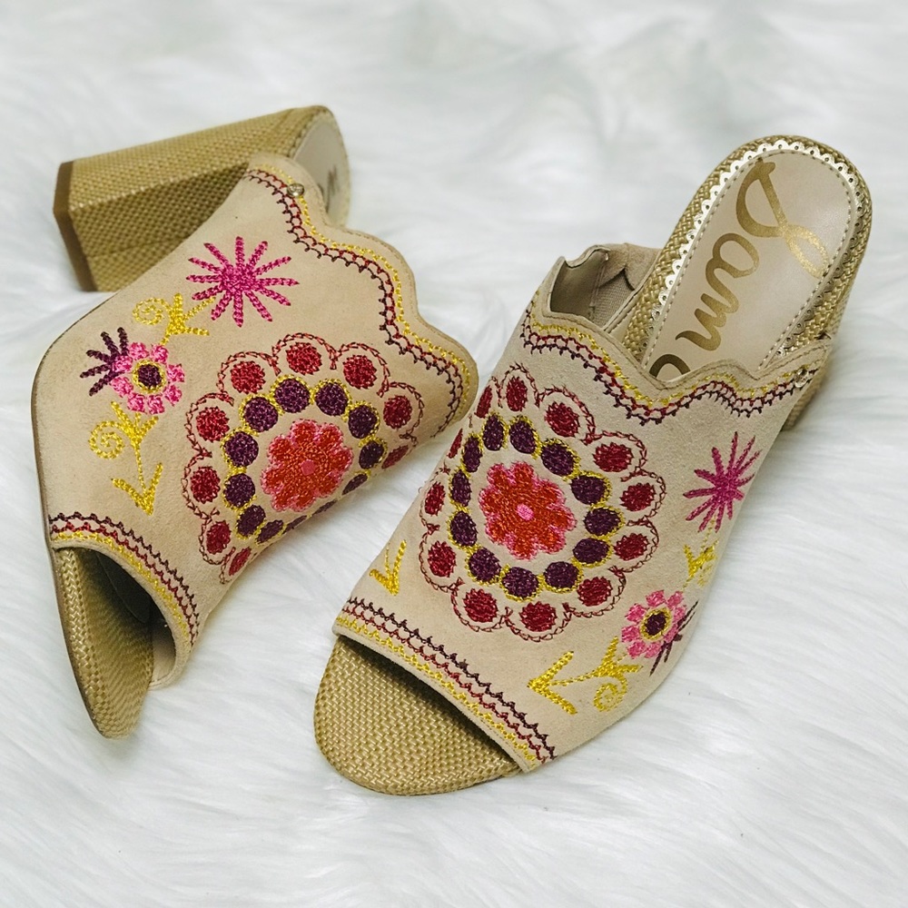 Sam Edelman Beige Floral Embroidered Sandals